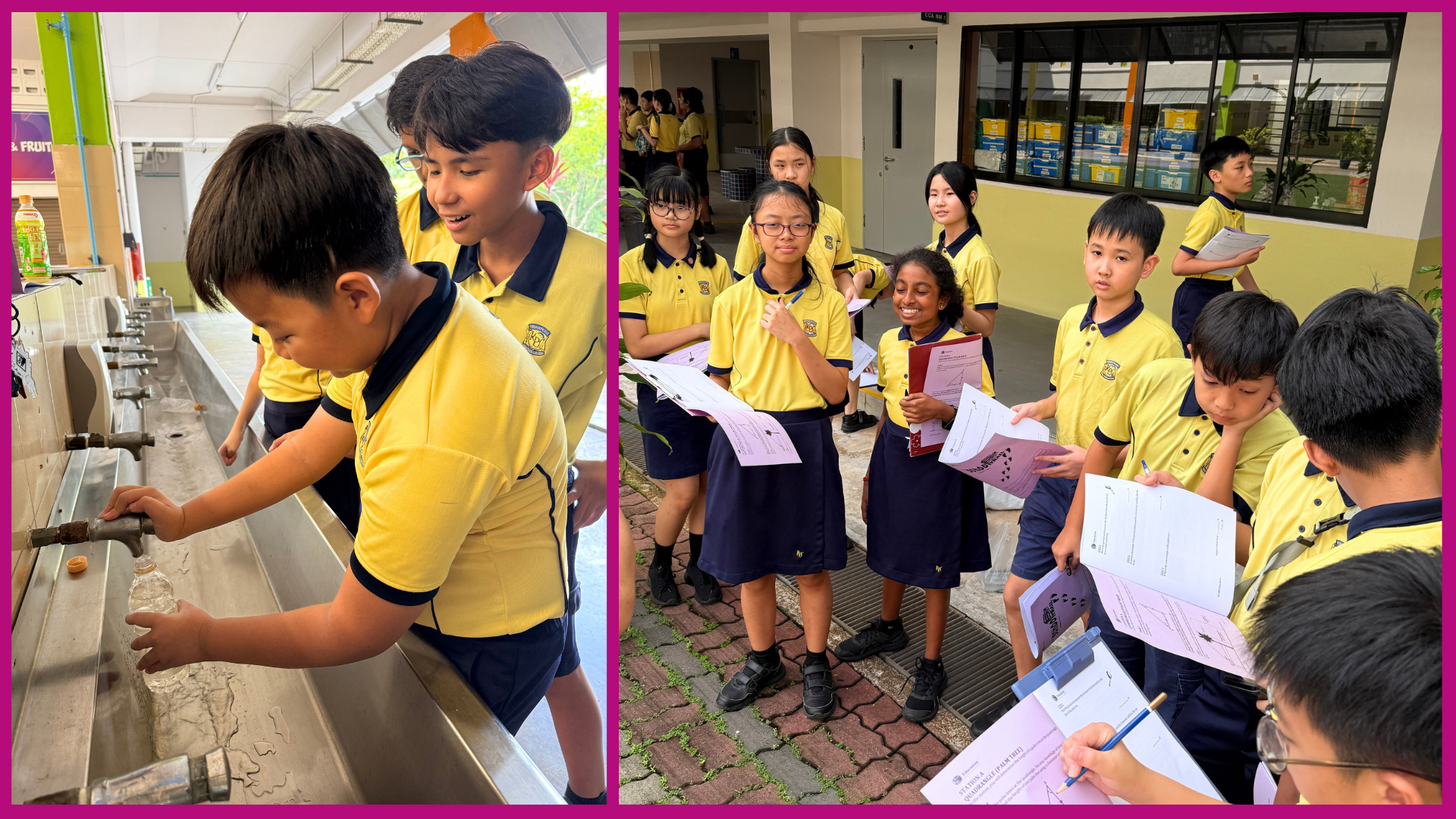 Three panels show school students in yellow uniforms washing hands at sinks and reviewing worksheets outdoors.